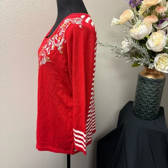 Peter Nygard Red Embellished Knit Top XL 3/4 Sleeve Striped Cuffs - Picture 3 of 9